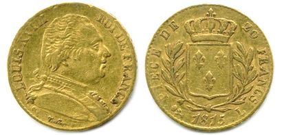 null LOUIS XVIII (1814-1824) 20 Francs or (buste habillé) 1815 L = Bayonne. (6,40...