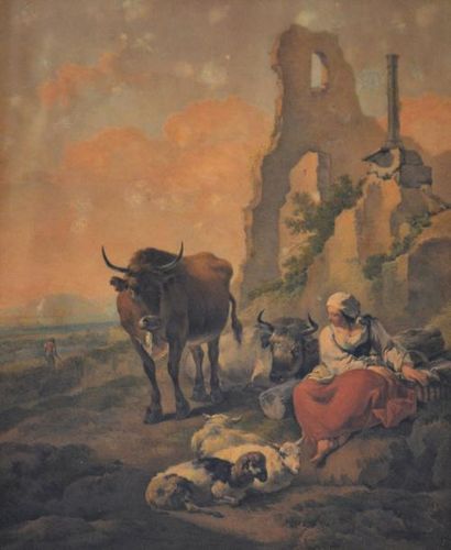 null Ecole hollandaise d'après Nicolaes BERCHEM (1620-1683). Bergère, vache et mouton....