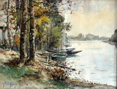 null Gabriel DE MESMAY (XIXe - XXe). Barques sur la Seine à Saint-Denis, aquarelle,...