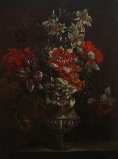 null Ecole française dans le goût de Jean-Baptiste MONNOYER (1636-1699).  Vase fleuri...