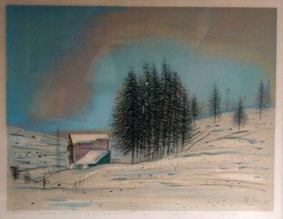 null Jean CARZOU (1907-2000). Chalet dans un paysage enneigé, lithographie en couleur,...