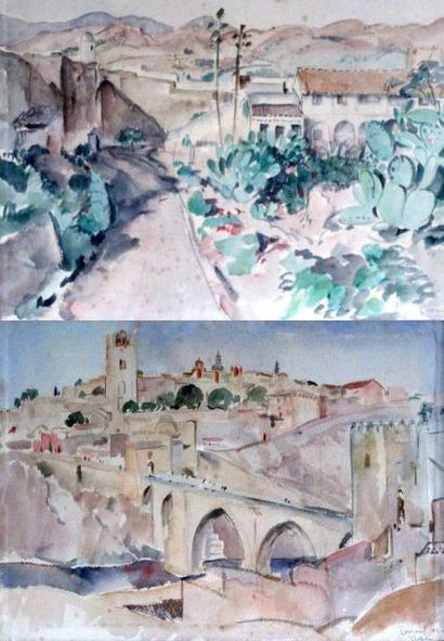 null Louise MOREL (1898-1974). Deux aquarelles, Tolède et Malaga, titrées, signées...