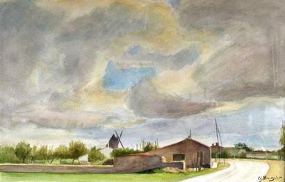null O. BOURGIER. Paysage au moulin, aquarelle, signée en bas à droite. 36 x 56 cm....