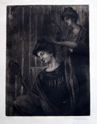 null Allan ÖSTERLIND (1855-1938) Femme et servante au miroir. Eau-forte signée en...