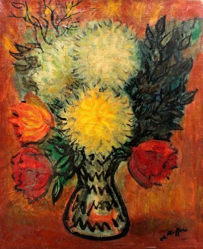 null Charles KIFFER (1902-1992). Bouquet de roses et dahlias, huile sur toile, signée...