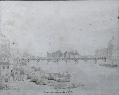 null Ecole française du XIXe Vue du pont des Arts. Plume et encre brune, lavis gris...