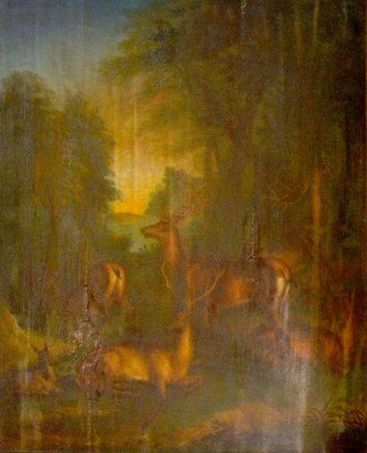 null Ecole allemande dans le goût de RIDINGER. Cerf et biches en sous bois. Huile...