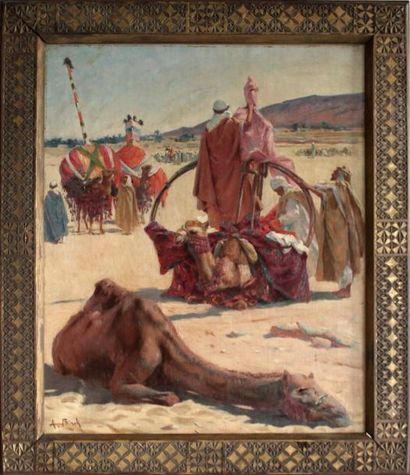 null Alphonse BIRCK (1859-1942) Nomades et chameaux dans le désert. Huile sur toile...