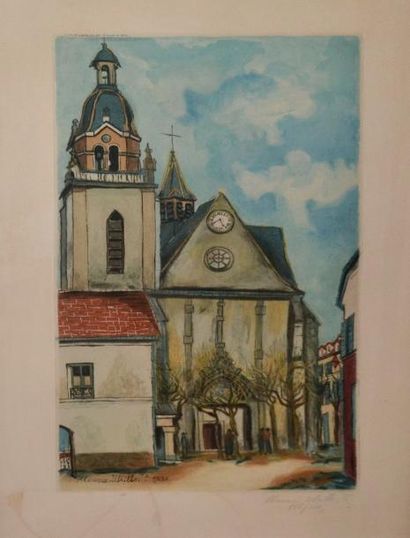 null Maurice UTRILLO (1883-1955) L'église de Limours. Aquatinte en couleurs, signée...