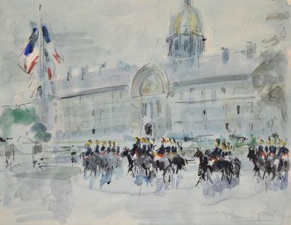 null Roger BERTIN (1915-2003) Défilé de la garde républicaine devant les Invalides....