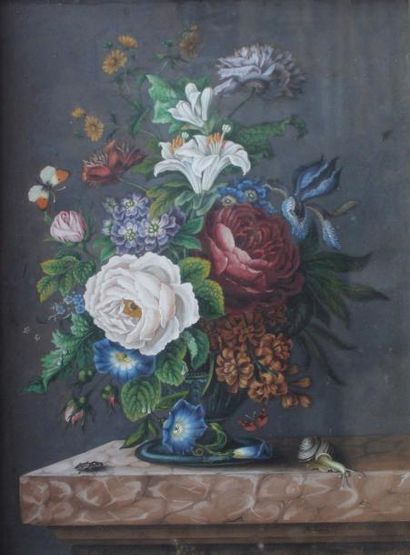 null *F. RANK, XIXe. Fleurs et insectes sur un entablement de marbre. Gouache signée...