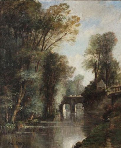 null *René TENER (1846-1925) Paysage au pont. Huile sur toile signée en bas à gauche....