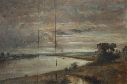 null *René TENER (1846-1925) Vapeur sur une boucle de la Seine au crépuscule. Huile...