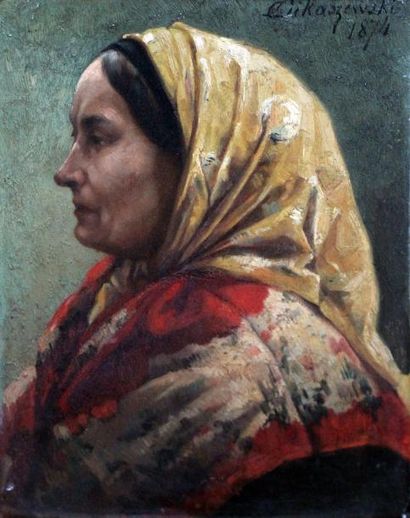 null LUKAZEWSKI, XIXe-XXe. Femme d'Europe de l'Est au fichu, 1874. Huile sur panneau...