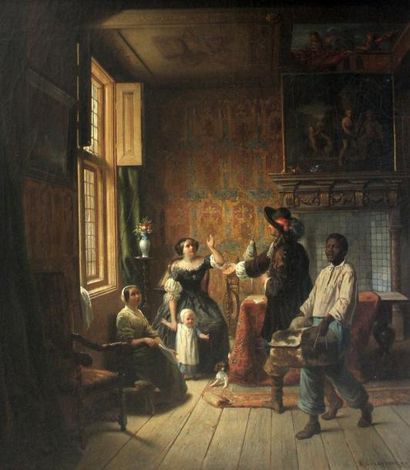 null Reinier CRAEYVANGER (1812-1880) Scène d'intérieur au serviteur de couleur. Huile...