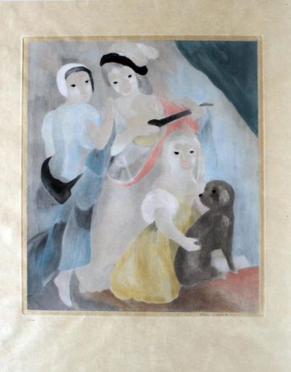 null *Marie LAURENCIN (1883-1956) Deux femmes, fillettes et chien. Lithographie en...