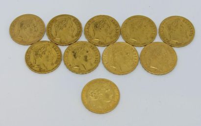 null DIX PIECES de 20 francs or , 9 Napoléon III lauré, et une Cérès
