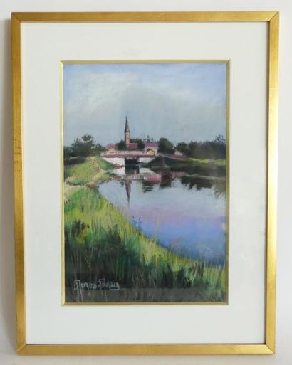 null Denise TRAVERS-POULAIN (1926), Reflets sur le canal. Pastel signé en bas à gauche....