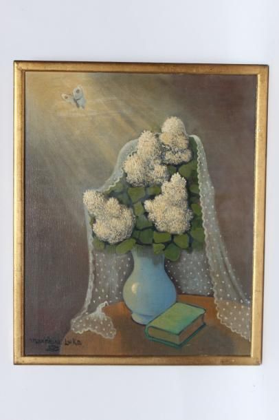 null Madeleine LUKA (1894-1989) Vase de fleurs et voile. Huile sur toile signée en...