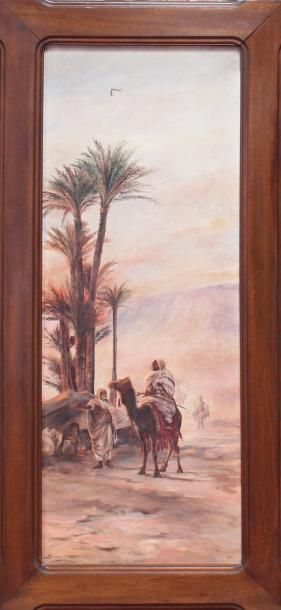 null ECOLE ORIENTALISTE, Le repos des nomades dans le désert, 1912. Huile sur toile...