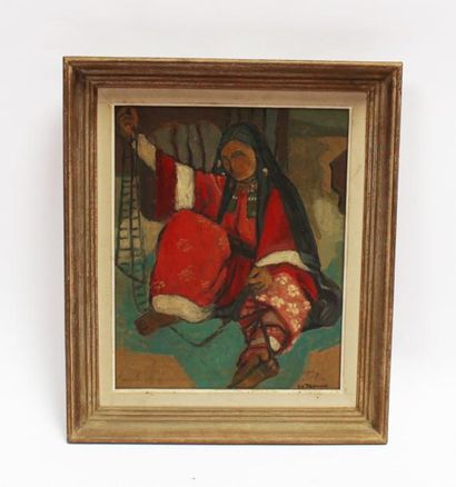 null R.A. MONNA, Femme tissant. Huile sur toile. 42x32 cm