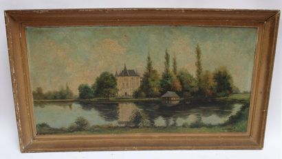 null Émile SAUDEMONT (1898-?), Château au bord du lac. Huile sur toile signée en...