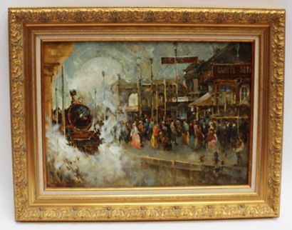 null PONOMARENCO Mikhaïl, l'arrivée du train. Signé en bas à droite. 48 x 67 cm.