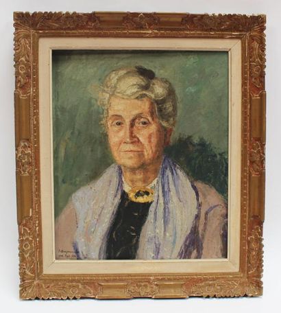 null J. BERJONNEAU, Portrait de femme âgée. Huile sur toile, datée septembre 1950....