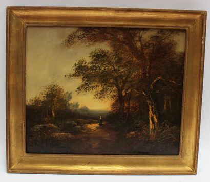 null ECOLE FRANCAISE du XIXe siècle, Promeneuse, huile sur toile. 48 x 59 cm.