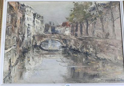null ISAHIH HIRAKANA, Un Pont de Gand, 1941. Signée en bas à droite. 30x45 cm