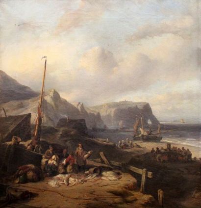 null Louis MEYER (1809-1866). Famille de pêcheurs aux raies à Etretat. Huile sur...