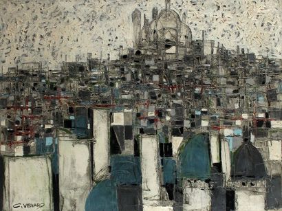 null Claude VENARD (1913-1999). Le Sacré Coeur, vu du bas de la butte. Toile signée...