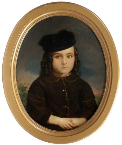 null École fin XIXe. Portrait d’enfant au chapeau noir. Toile à vue ovale. 76 x 62...