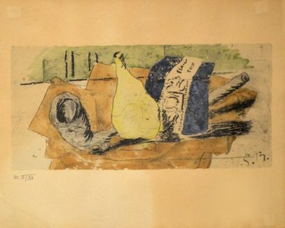 null Georges BRAQUE par Daniel JACOMET (1894-1966). Le paquet bleu. Gravure en couleurs...