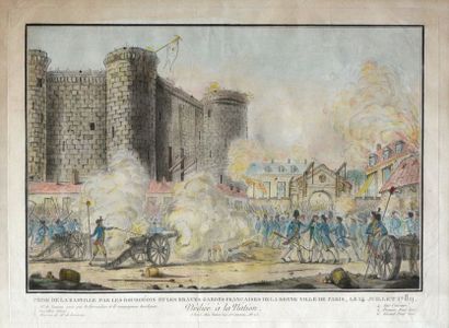 null École fin XVIIIe début XIXe. La prise de la Bastille. Gravure en couleurs. (Pliures)....