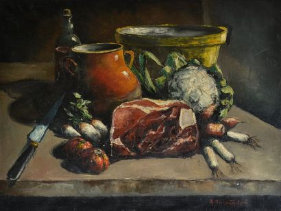 null Auguste DURAND-ROSÉ (1887-1962) Nature morte à l’entrecôte. Toile signée en...