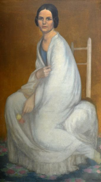 null Paul AUDRA (1869-1948). Femme au drapé blanc. Toile signée en bas à droite....