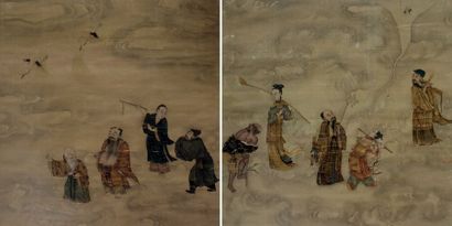 null Paire de PEINTURES sur soie à décor de sages dans des paysages, Chine XIXe....