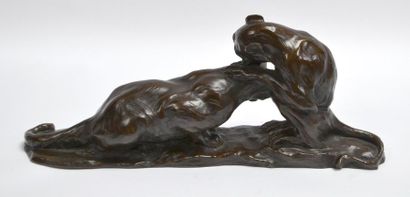 null Thomas François CARTIER (1879-1943). Singe et félin. Epreuve en bronze à patine...