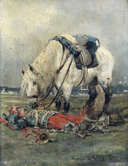 null Jules DELAUNAY (c.1845-1906) Soldat blessé à terre et son cheval, 1887. Huile...