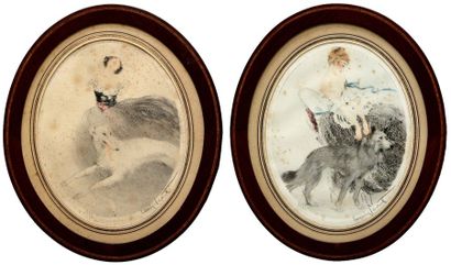 null Louis ICART (1888-1950) Deux femmes au chien. Paire de pointe sèche et aquatinte...