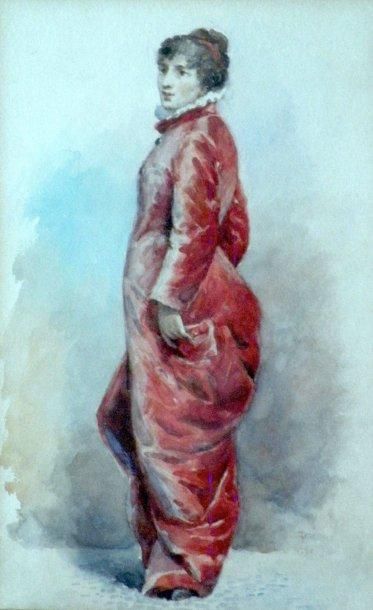 null Fernand PAILLET ( 1850-1918). Femme à la robe rouge. Aquarelle monogrammée et...