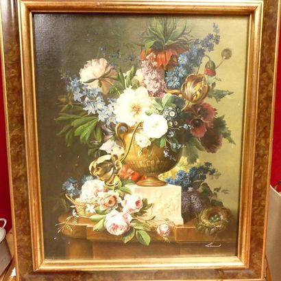 null ECOLE MODERNE, BOUQUET CHAMPETRE sur un entablement. Huile sur toile 60 x 50...