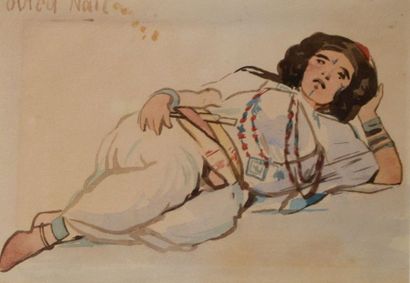 null Ecole orientaliste début XXe Femme allongée de la tribu des Ouled Nail. Aquarelle...