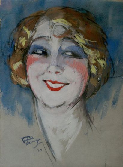 null Jean Gabriel DOMERGUE. (1889 - 1962). Portrait de femme souriante. Aquarelle...