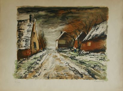 null Maurice DE VLAMINCK (1876-1958). Paysage d'hiver animé. Lithographie en couleurs...