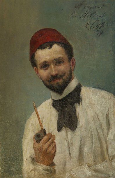 null K. SONHE. Portrait d'homme coiffé d'un Fez, fumant la pipe. Huile sur toile...