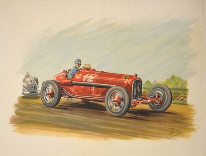 null Rob ROY (1909-1992) Enzo Ferrari au volant d'une voiture de course. Lithographie...