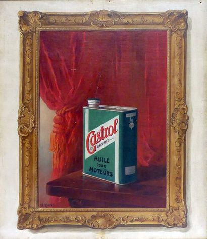 null Ecole française XXe. Castrol, huile pour moteur. Huile sur toile. 54 x 45 c...