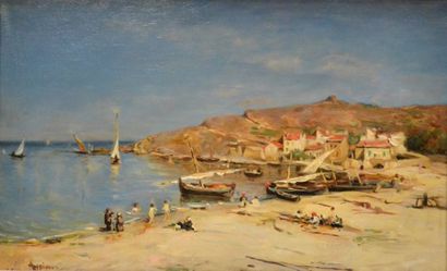null Louis APPIAN (1862-1896) Plage animée en Méditerranée. Huile sur toile signée...